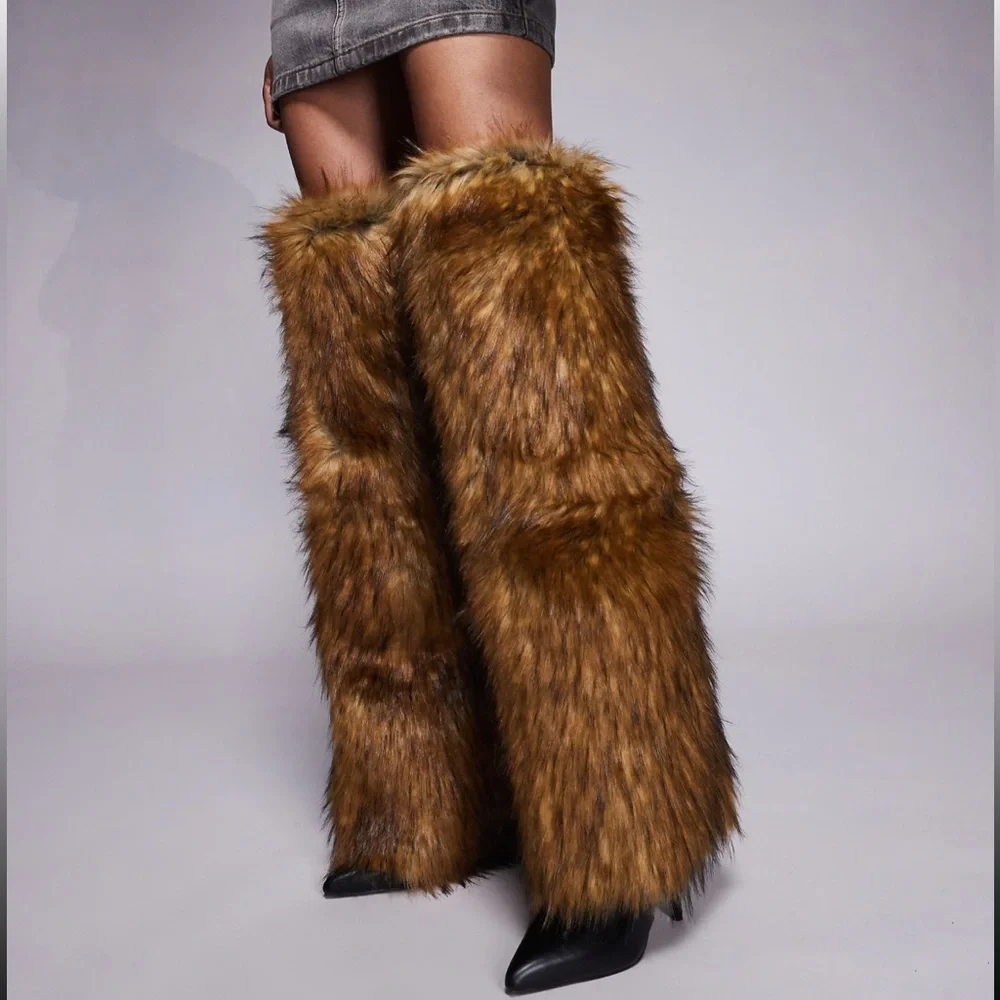 AKIRA Tall Faux Fur Over-the-Knee Boots in Brown with Black Toe - Picture 3 of 3